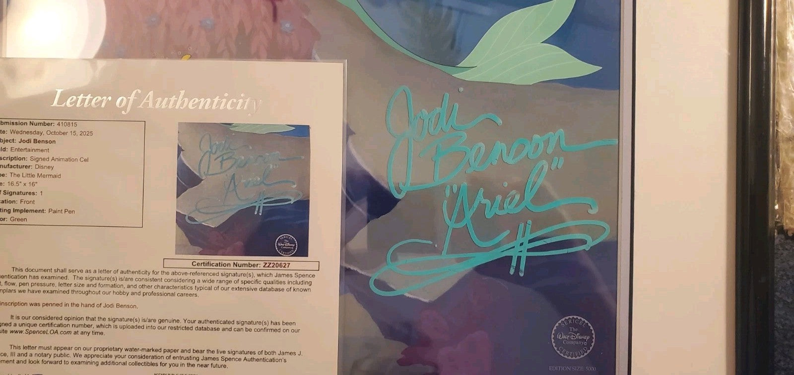 AUTOGRAPHED Original Disney’s ‘The Little Mermaid’ Production Cel, 22"x24" - 1998
